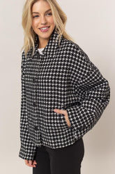 HYFVE Tweed Plaid Button Up Collared Neck Jacket Black OutfitFlow